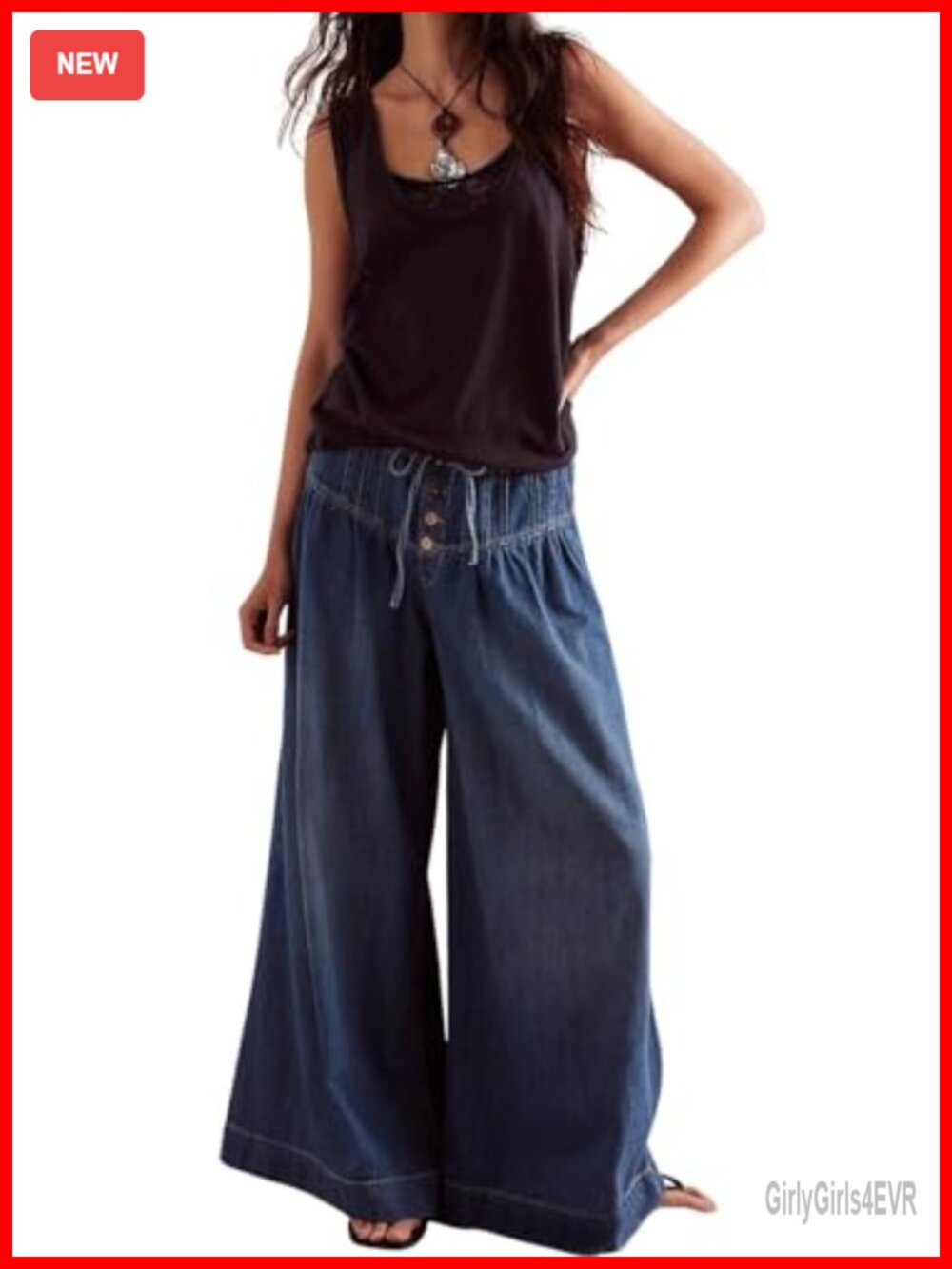 Women Y2K Pleated Baggy Wide Leg Palazzo Jeans Elastic Waist Drawstring